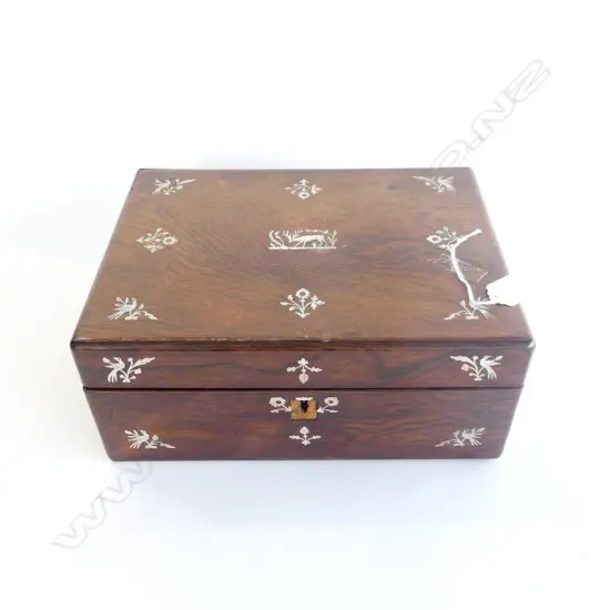 VICTORIAN ROSEWOOD SEWING/WORK BOX FITTED w silver & mop items escutcheon missing