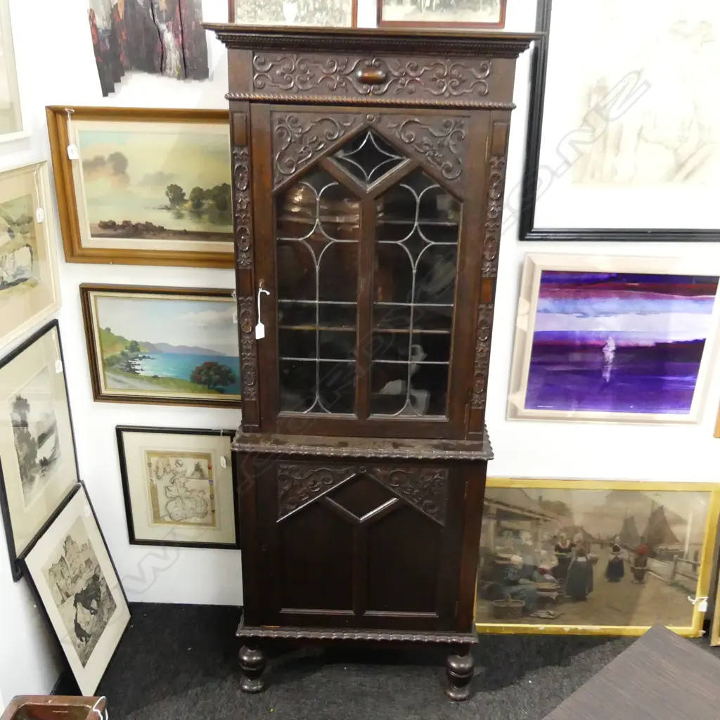 EARLY 20thC DARK OAK JACOBEAN STYLE CABINET 700x330x1750mm Image 1++