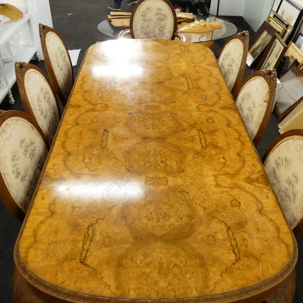 BURR WALNUT DINING TABLE 2000x950x780mm w. 8 CHAIRS (2 CARVERS) Image 1++