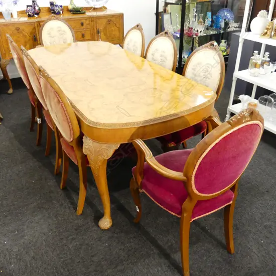 BURR WALNUT DINING TABLE 2000x950x780mm w. 8 CHAIRS (2 CARVERS)