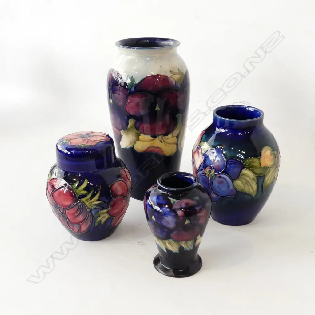 4 PCES MOORCROFT; LG PANSY VASE H.190mm DAMAGED, LIDDED GINGER JAR, 2 VASES AF... Image 1++