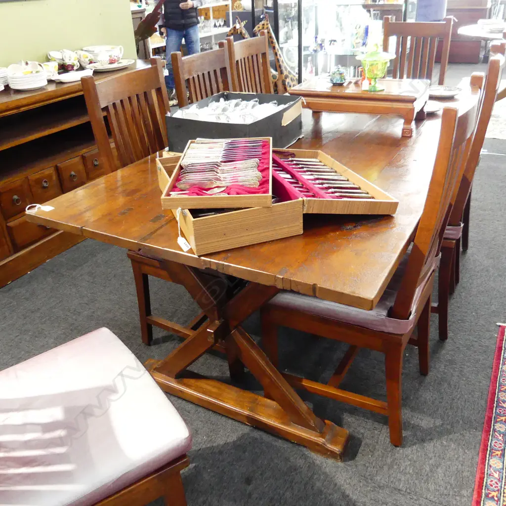 RUSTIC PLANK TOP TABLE X BASE 1980x1005x750mm ONE LEG REPAIRED Image 1++