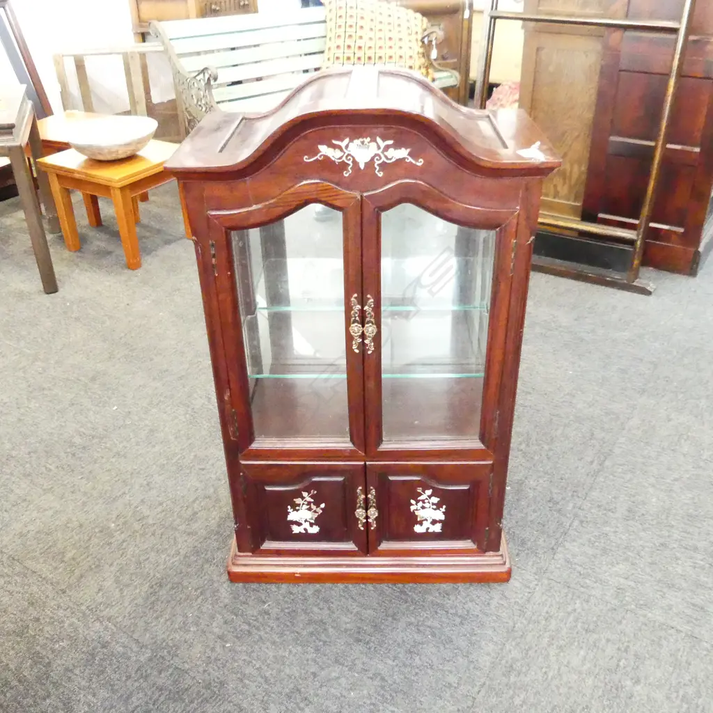 QUALITY ORIENTAL SMALL HARDWOOD DISPLAY CABINET dome top mop inlays H.870mm. Image 1++