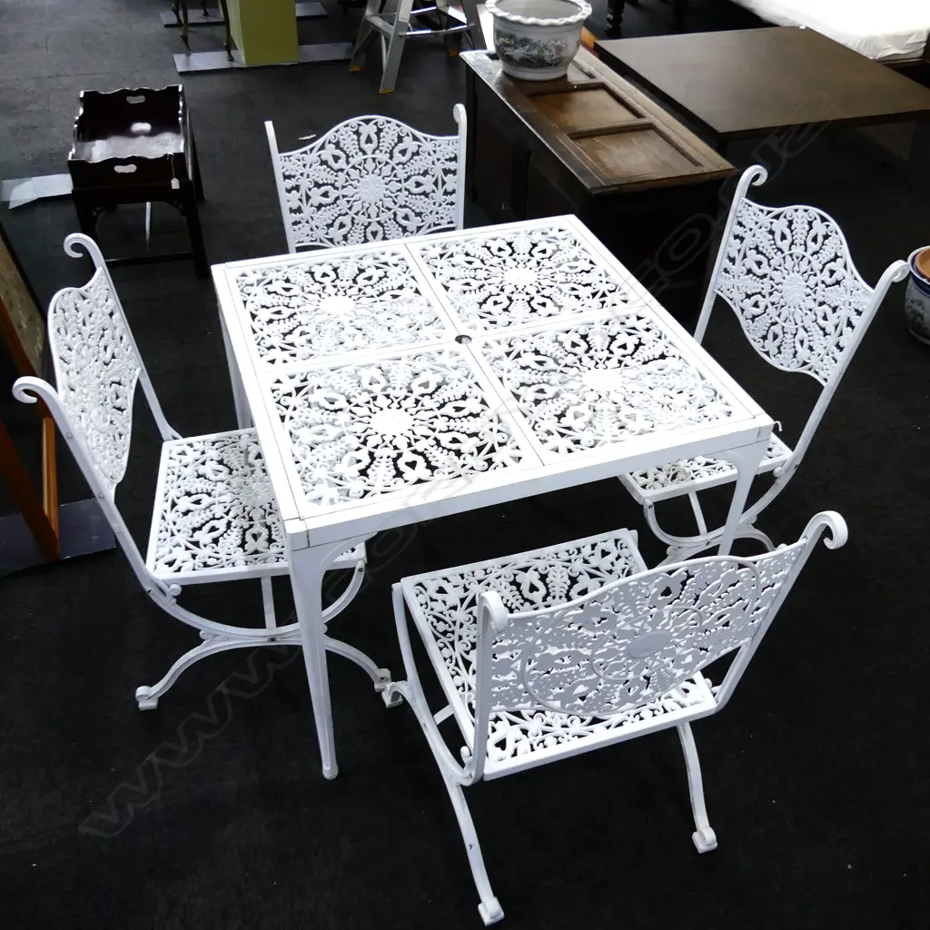 5 PCE WHITE METAL ENDERSLEA NZ OUTDOOR SUITE; SQUARE TABLE & 4 CHAIRS 890x890x735mm Image 1++