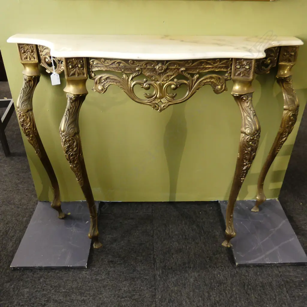 BRASS CONSOLE TABLE; WHITE MARBLE TOP Image 1++