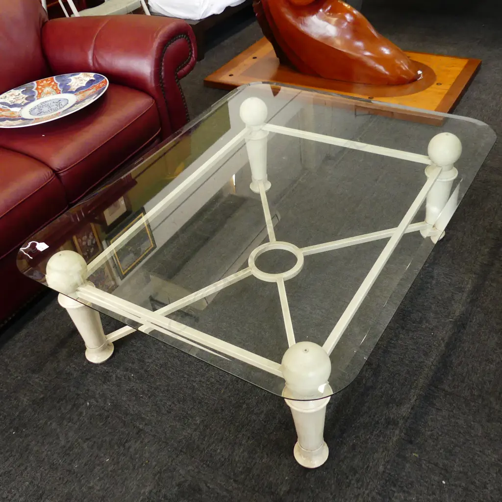 WHITE CRACKLE PAINTED COFFEE TABLE 1020x1270mm; GLASS TOP Image 1++