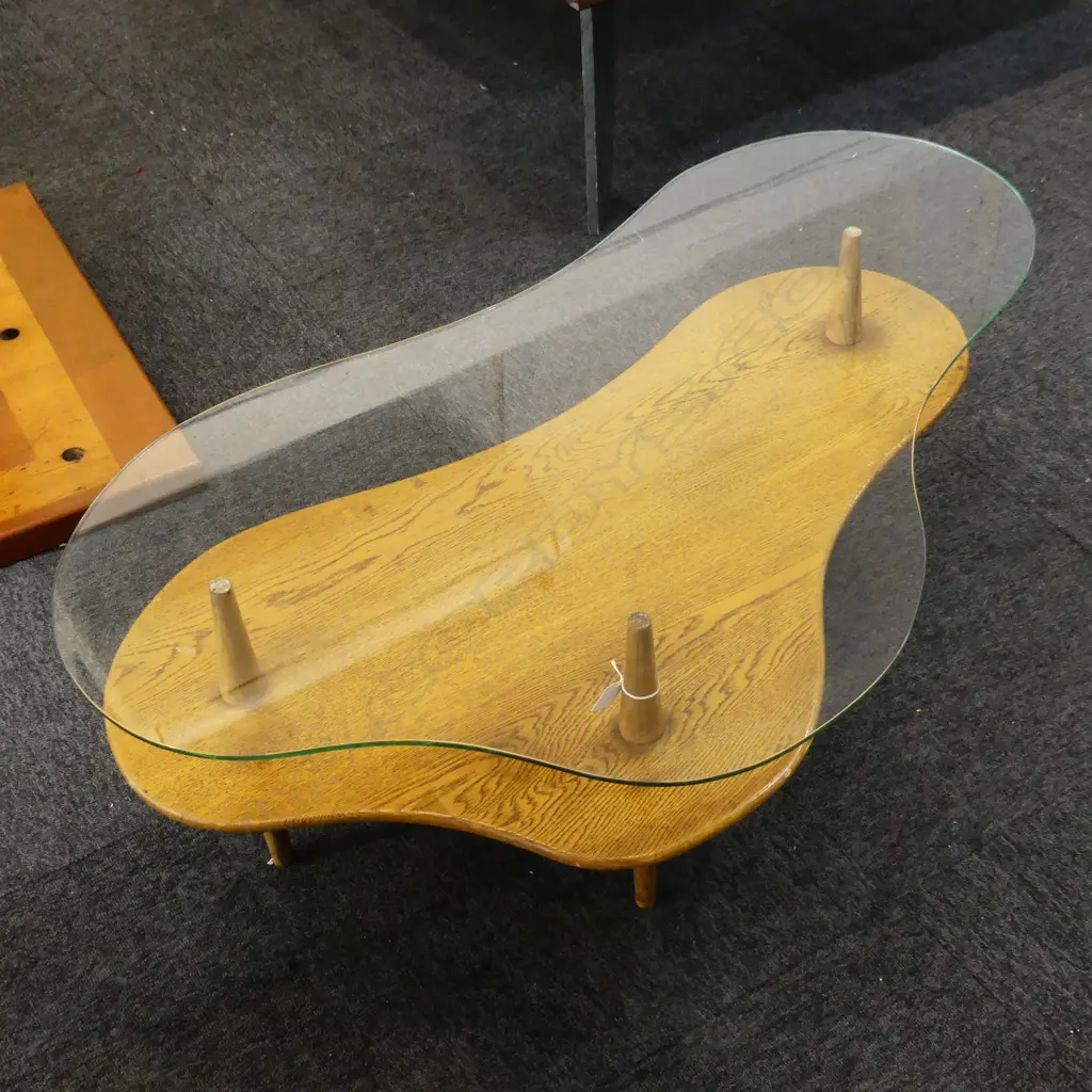 1950S SOLID OAK  ' ISLAND ' COFFEE TABLE. ORIGINAL GLASS TOP. L. 1200mm Image 1++
