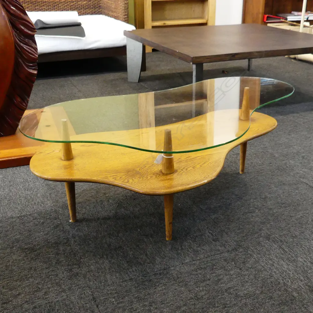 1950S SOLID OAK  ' ISLAND ' COFFEE TABLE. ORIGINAL GLASS TOP. L. 1200mm Image 1++