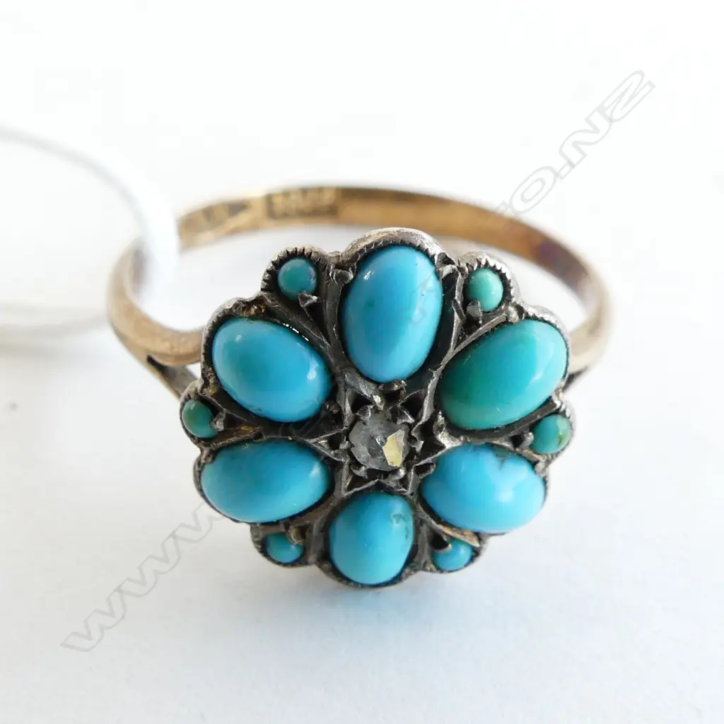 18CT TURQUOISE & DIAMOND RING 2.7 GRAMS SIZE Q Image 1++