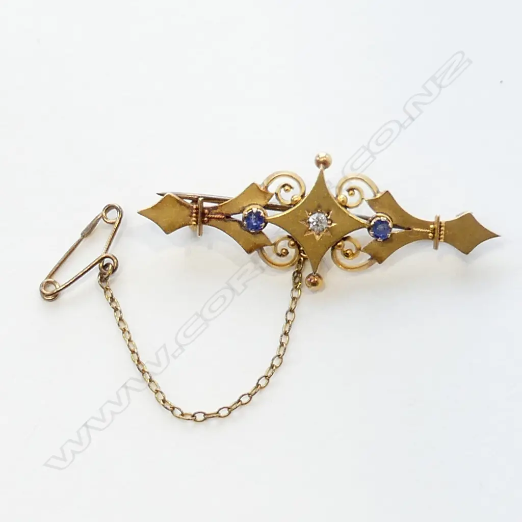 15CT DIAMOND & SAPPHIRE BROOCH 3.3 GRAMS Image 1++