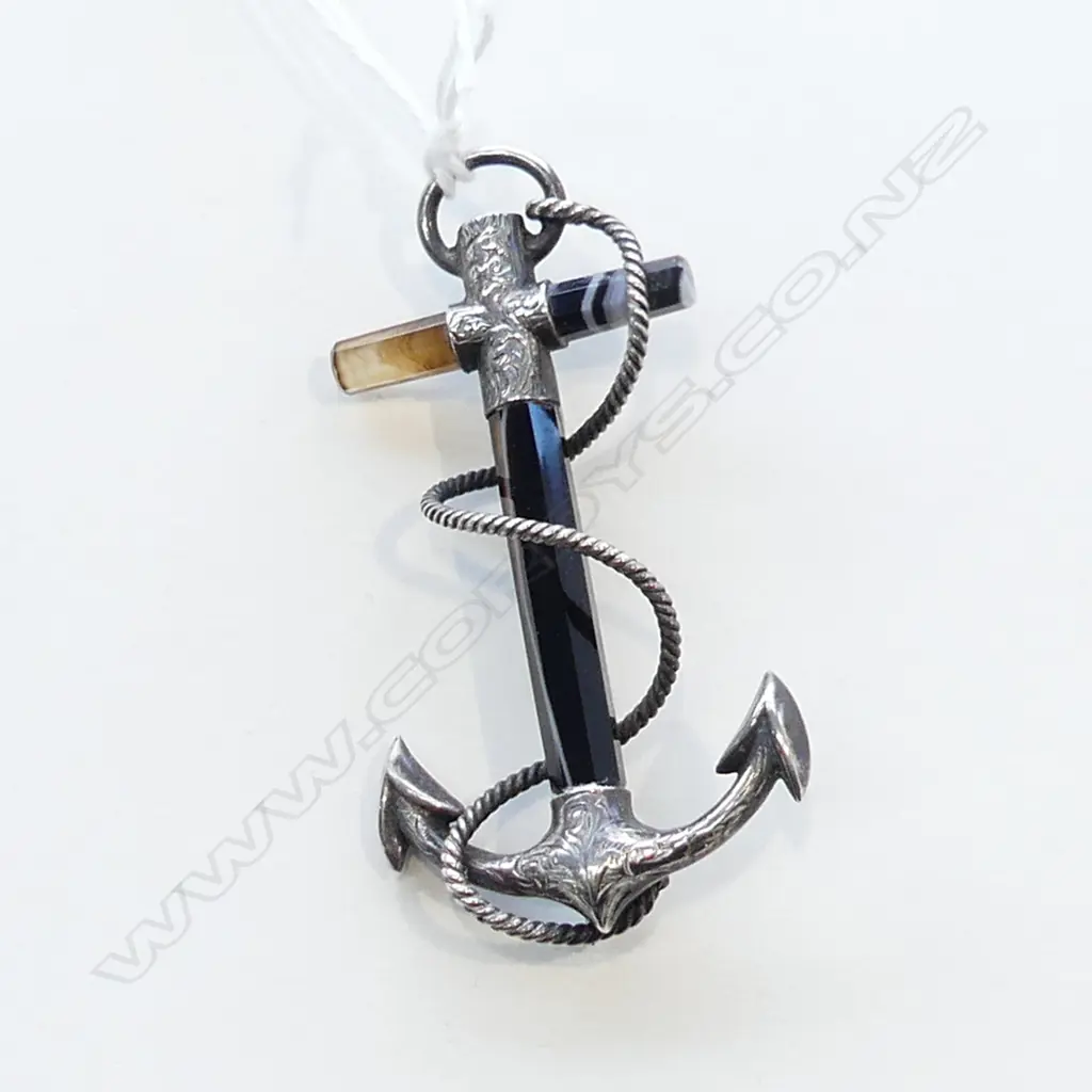 FOULED ANCHOR AGATE BROOCH SILVER MOUNTS H.57mm Image 1++