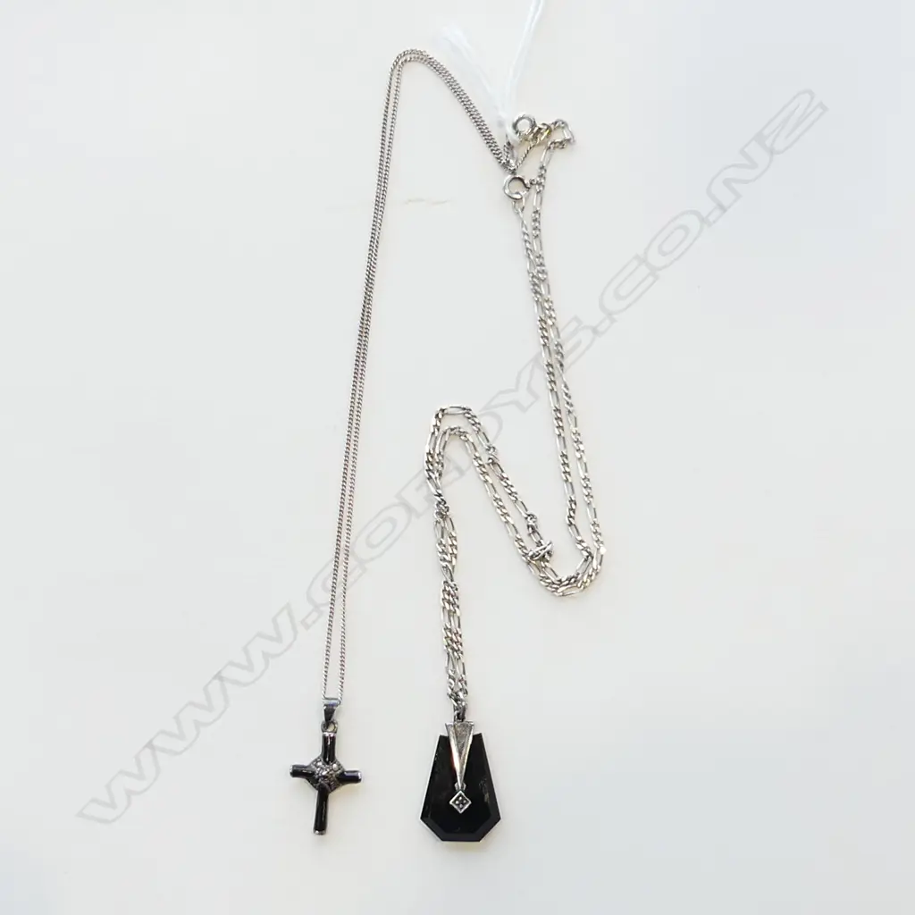 2 925 SILVER DECO PENDANT NECKLACES; CROSS & ONYX 9.4 GRAMS Image 1++