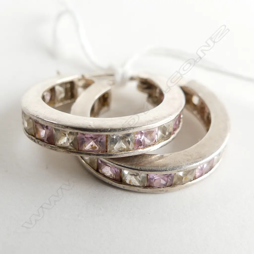 PR SILVER HOOP EARRINGS WITH PINK & CLEAR STONES  Image 1++
