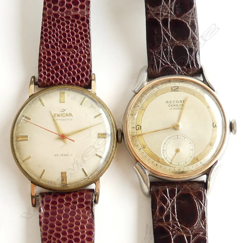 TWO MANUAL WIND GOLD PLATED WATCHES APPROX 37mm . FINE BI METAL RECORDAND ENICAR ULTRASONIC Image 1++