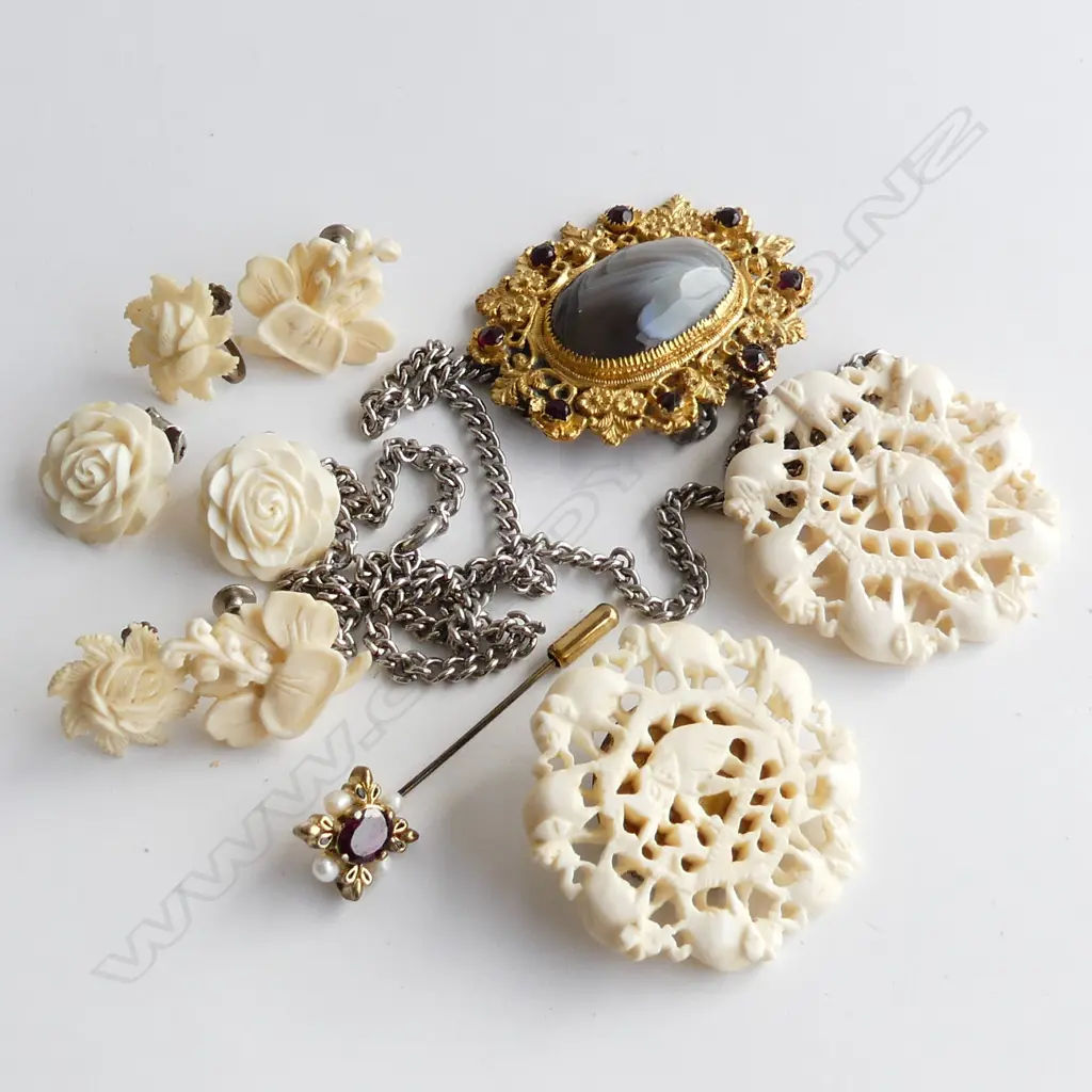 FAUX IVORY JEWELLERY; NECKLACE, BROOCH, 3 PR EARRINGS + GEMSTONE BROOCH & STICK PIN Image 1++