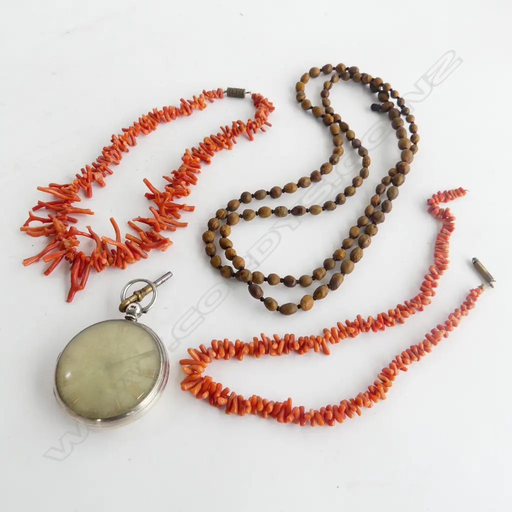 STG SILVER POCKET WATCH AF + 3 NECKLACES (2 CORAL) Image 1++