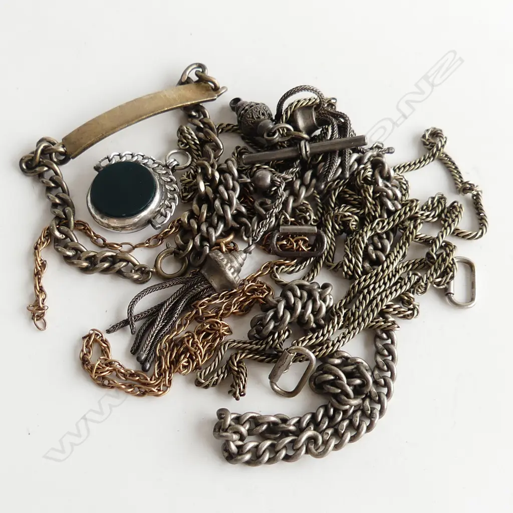 ASST. NECK CHAINS SILVER ETC. + STG FOB + 2 TASSLES & T-BAR + STG ID BRACELET Image 1++
