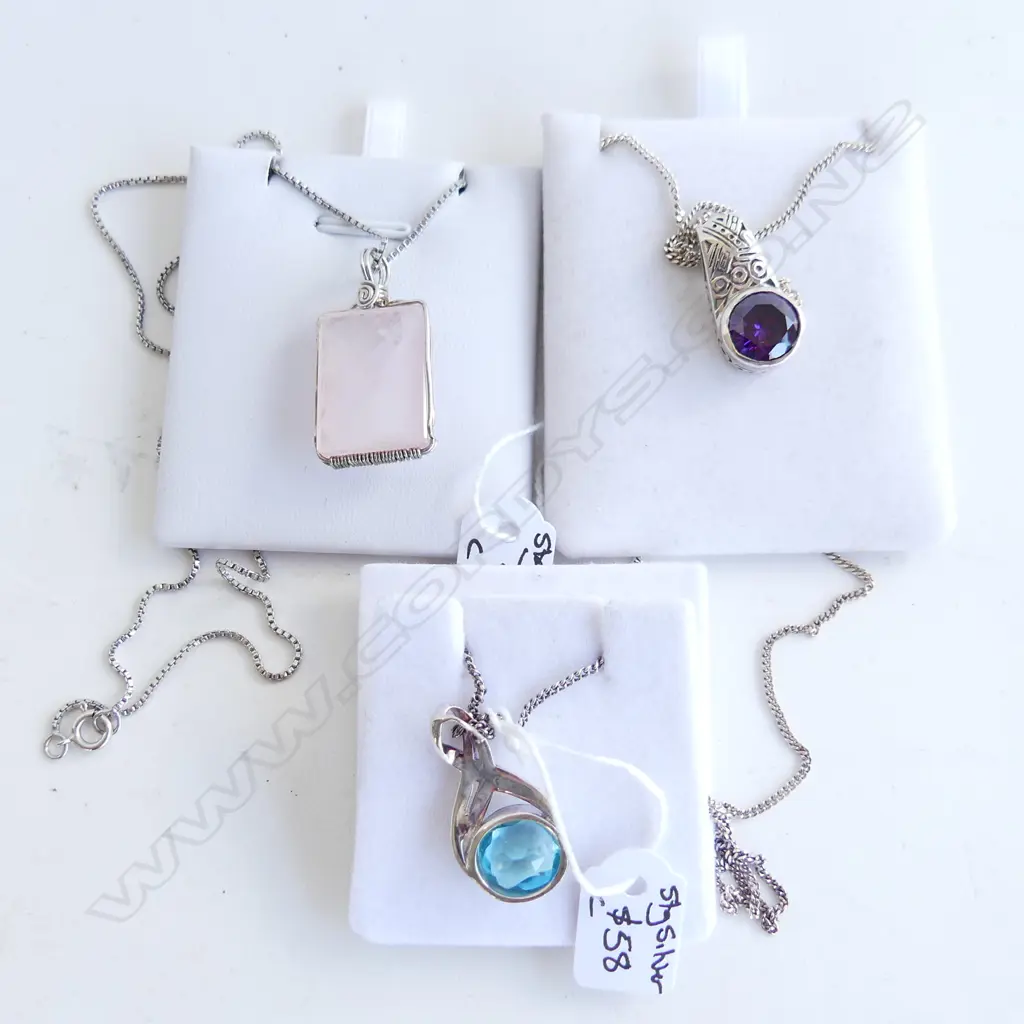 3 925 SILVER PENDANT NECKLACES; BLUE GLASS, PURPLE GLASS, ROSE QUARTZ Image 1++