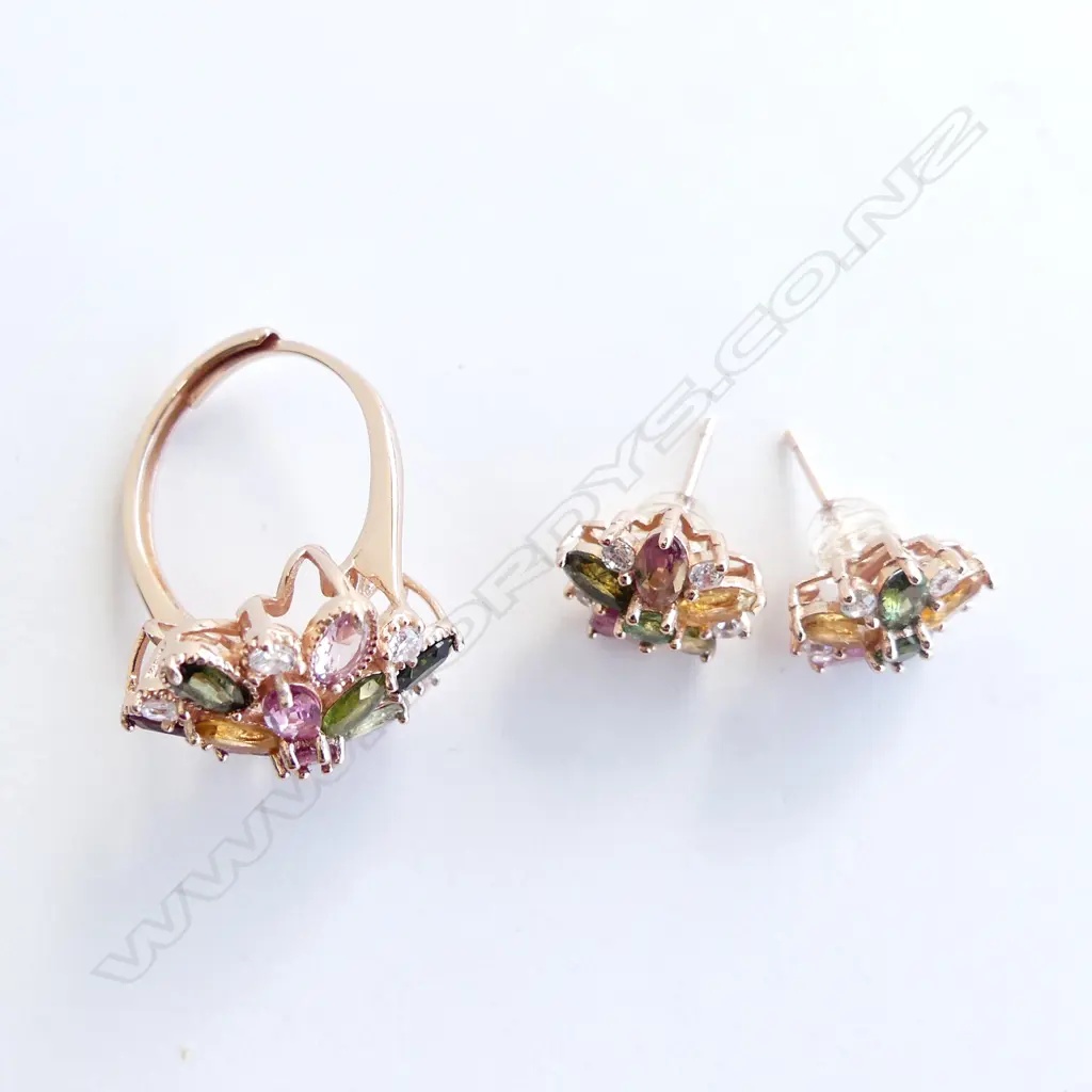 PR 925 SILVER GILT & COLOURED STONE RING & EARRING SET 6.5 GRAMS Image 1++