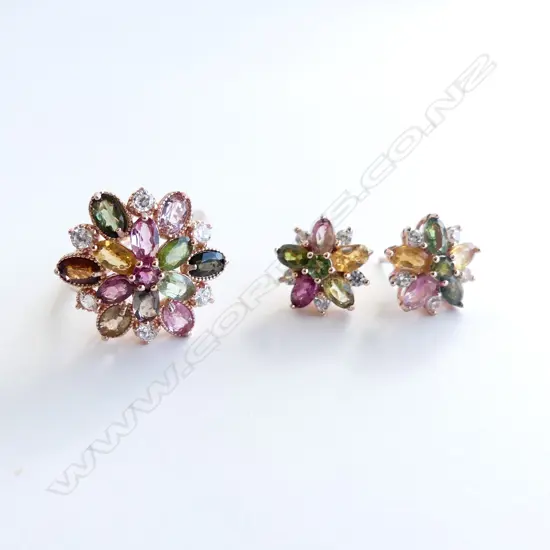 PR 925 SILVER GILT & COLOURED STONE RING & EARRING SET 6.5 GRAMS