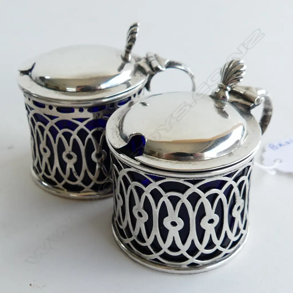 PR S/SILVER BLUE GLASS LINED MUSTARD POTS SILVER WEIGHT 68grms Image 1++
