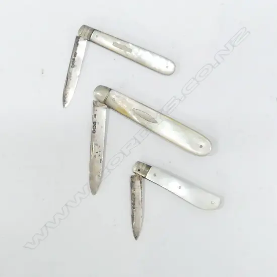 3 STG SILVER & MOP POCKET KNIVES, MADE IN UK