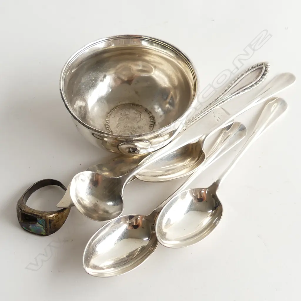 ASST SILVER TEASPOONS + BUTTER KNIFE + BOWL W COIN + RING faulted. 97gms Image 1++