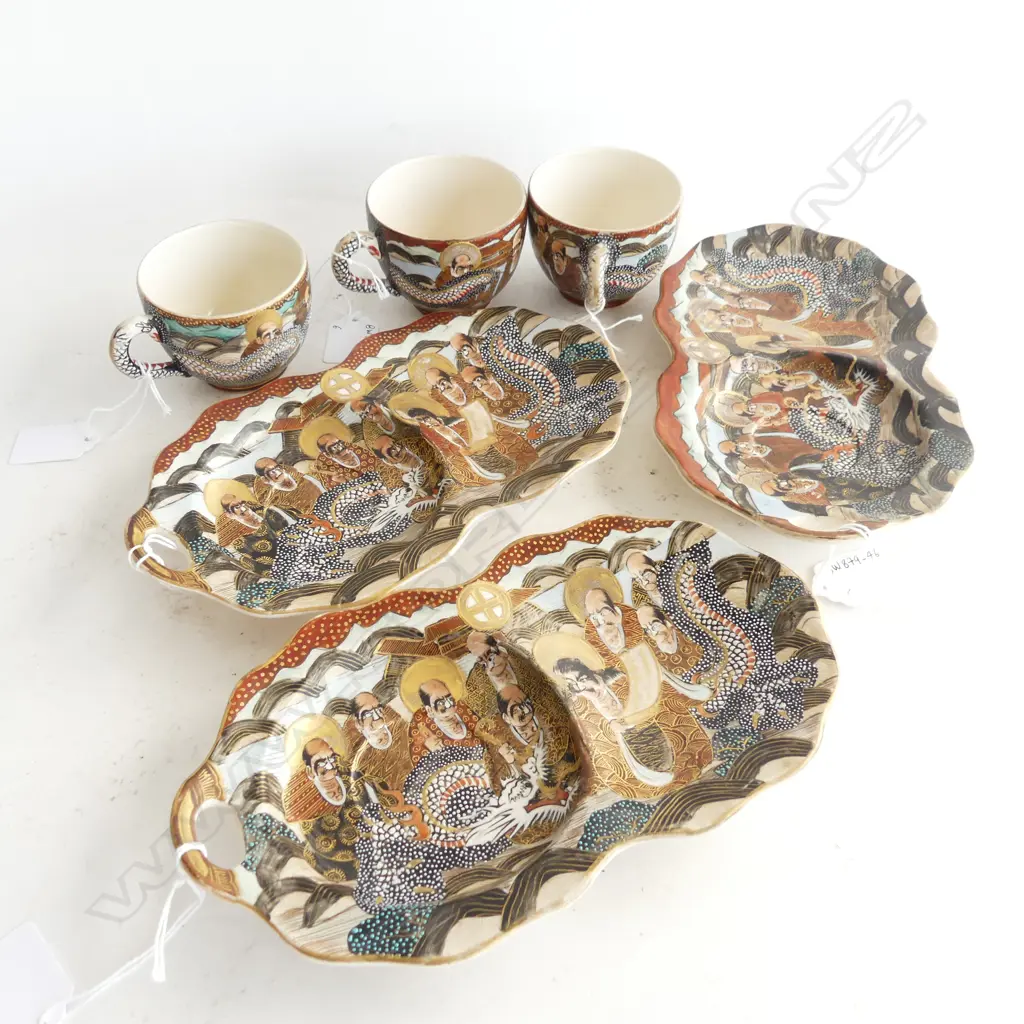 3 JAPANESE MEIJI SATSUMA CUPS & LGE SAUCER DISHES w scholars Image 1++
