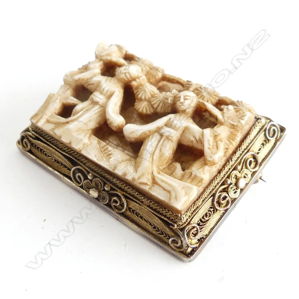 ANTIQUE CHINESE SILVER GILT & CARVED IVORY BROOCH; DANCING WOMEN 48x35mm Image 1++