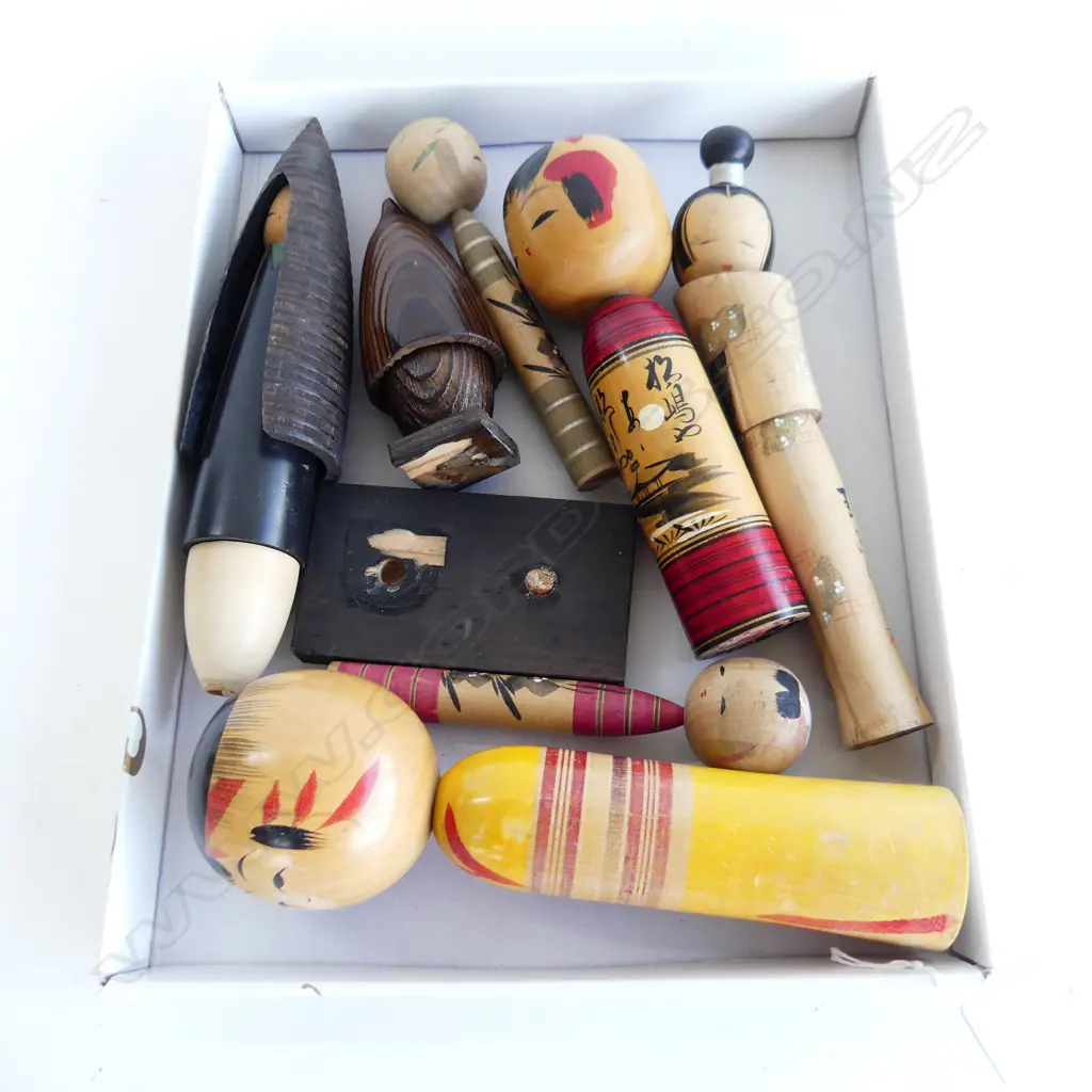 7 ASST WOODEN JAPANESE KOKESHI DOLLS, C1960'S, SOME SIGNED  Image 1++