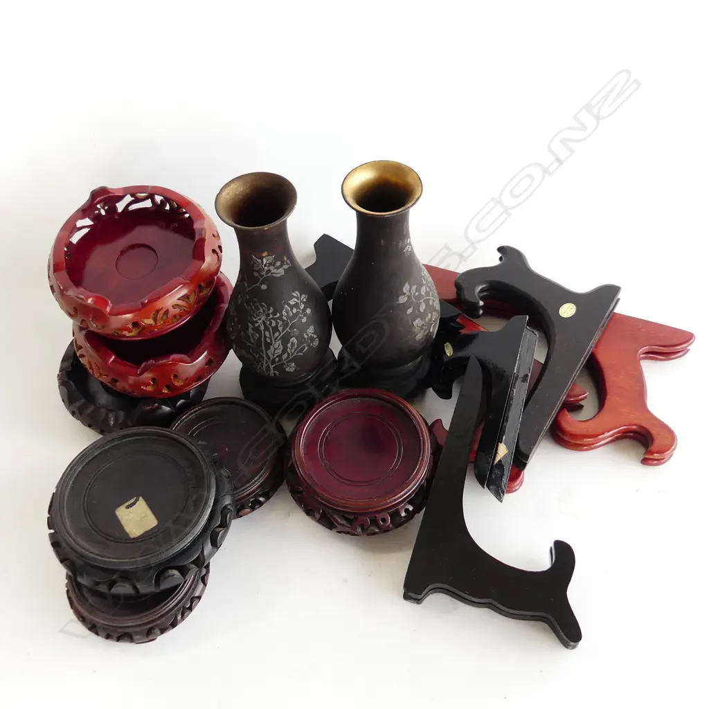 BOX LOT ASST. CARVED WOODEN ORIENTAL STANDS, PR VASES ETC Image 1++