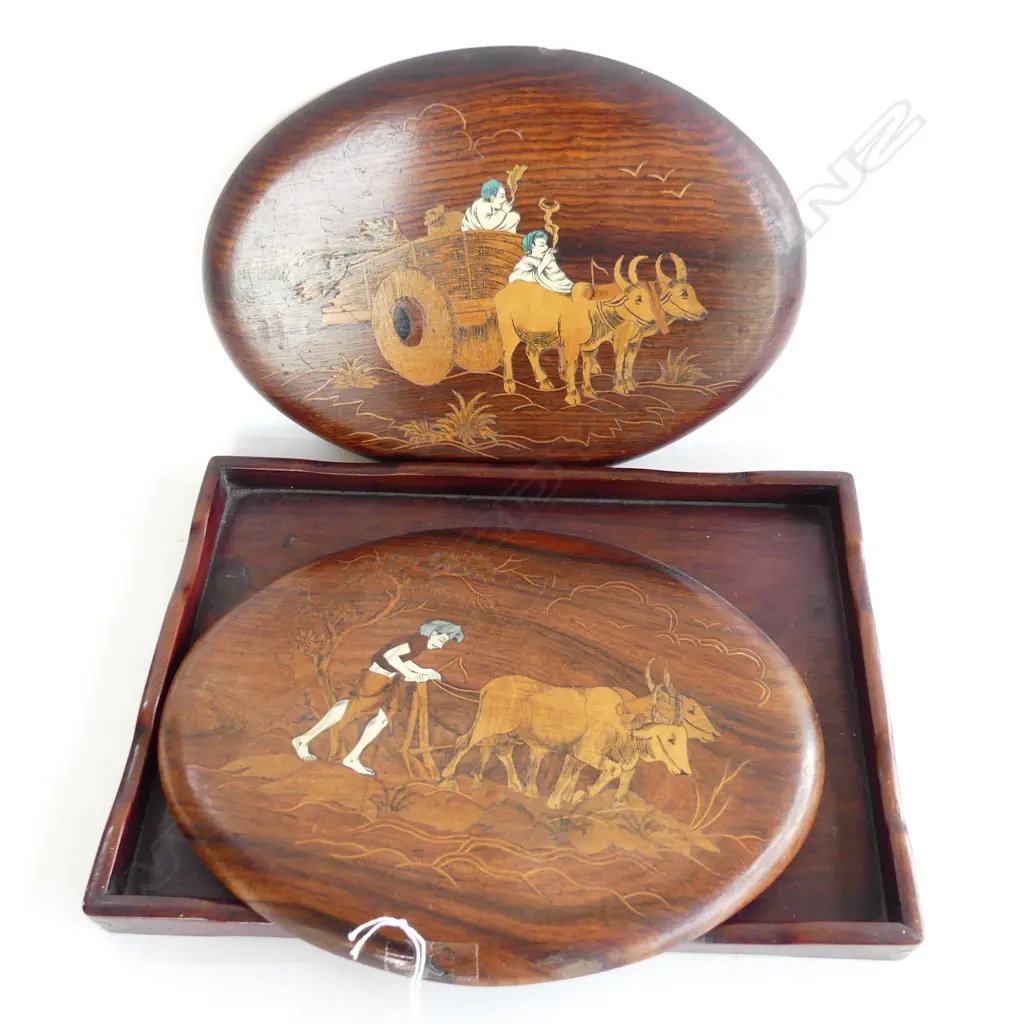 PR OVAL WOODEN CARVED & INLAID WALL PLAQUES, ORIENTAL FARM SCENES (240 X 300MM) + ROSEWOOD TRAY (345 X 240MM) Image 1++