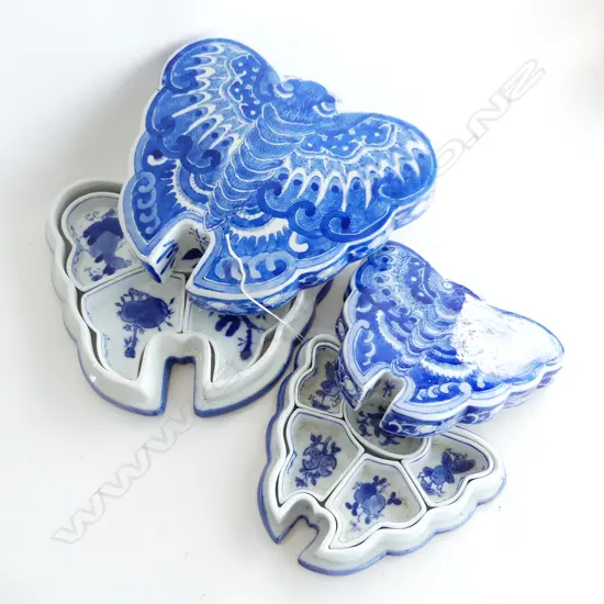 2 BLUE & WHITE  PORCELAIN BUTTERFLY LIDDED CONTAINERS, EACH WITH 5 INDIV. SECTION DISHES INSIDE DIA. 270, 180MM