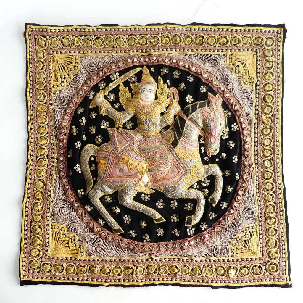 EMBROIDERED BURMESE KALAGA HANGING figure on horse back 500x500mm Image 1++