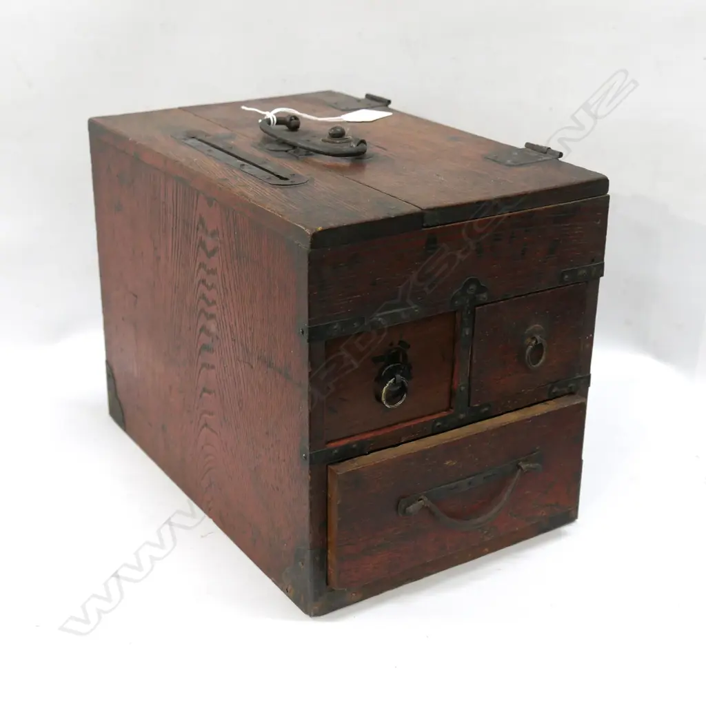 19thC JAPANESE SHOP KEEPRS BOX W flap top 3 drawers & money slot. Iron fittings L.295mm Image 1++