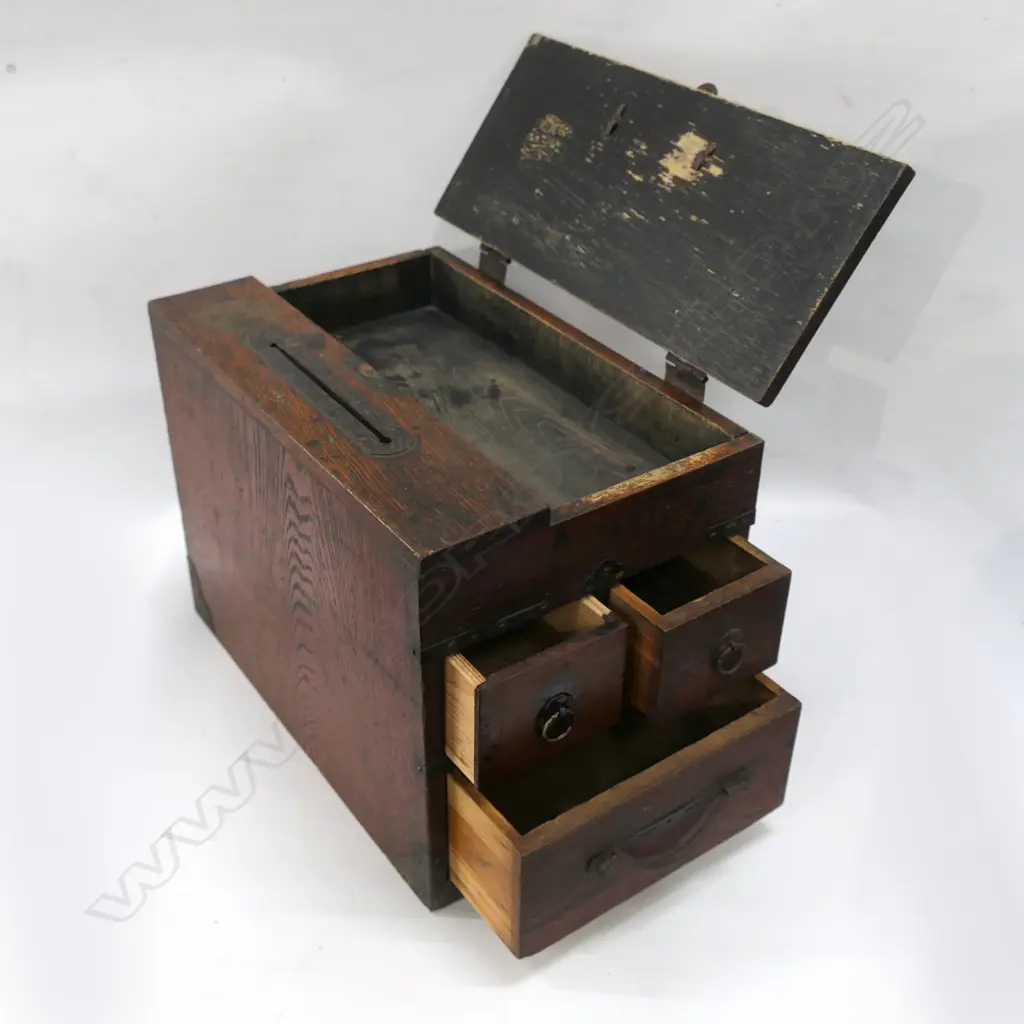 19thC JAPANESE SHOP KEEPRS BOX W flap top 3 drawers & money slot. Iron fittings L.295mm Image 1++