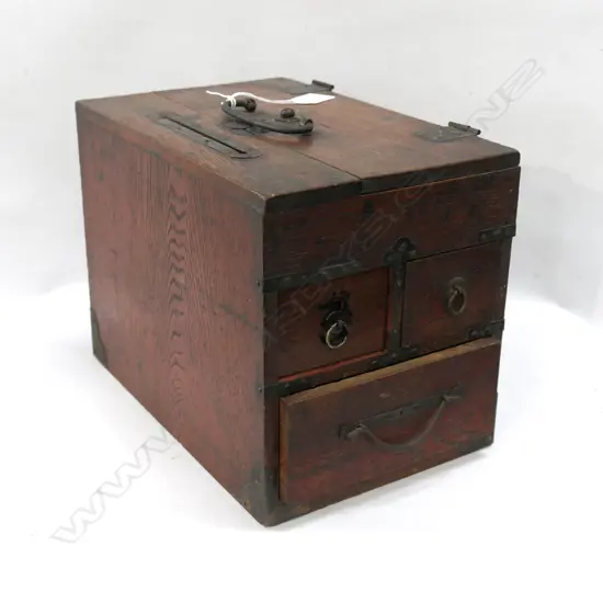 19thC JAPANESE SHOP KEEPRS BOX W flap top 3 drawers & money slot. Iron fittings L.295mm