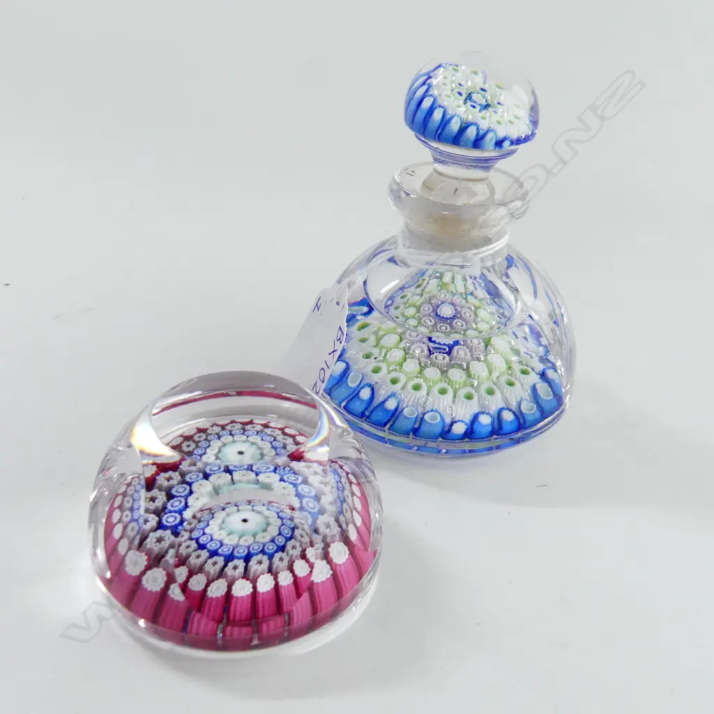 WHITEFRIARS c.1970's MILLEFIORI PAPERWEIGHT (FAULTED) & SCENT BOTTLE (H. 95mm) Image 1++