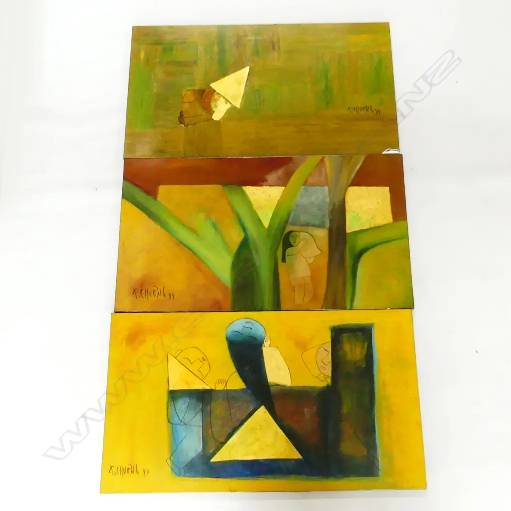 Thanh Chuong (Vietnamese 1949-) 3 paintings lacquer & gold leaf on wood. 350 x 620mm... Image 1++