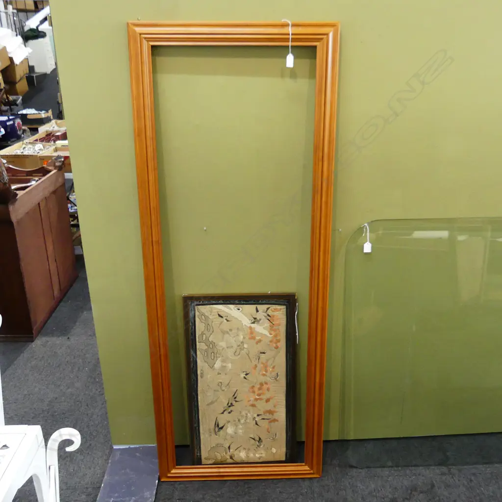 ORIENTAL FRAMED SILK EMBROIDERY - BIRDS, CRANES ETC.. (700 X 370MM) & LG WOODEN FRAME (1660 X 530MM) Image 1++