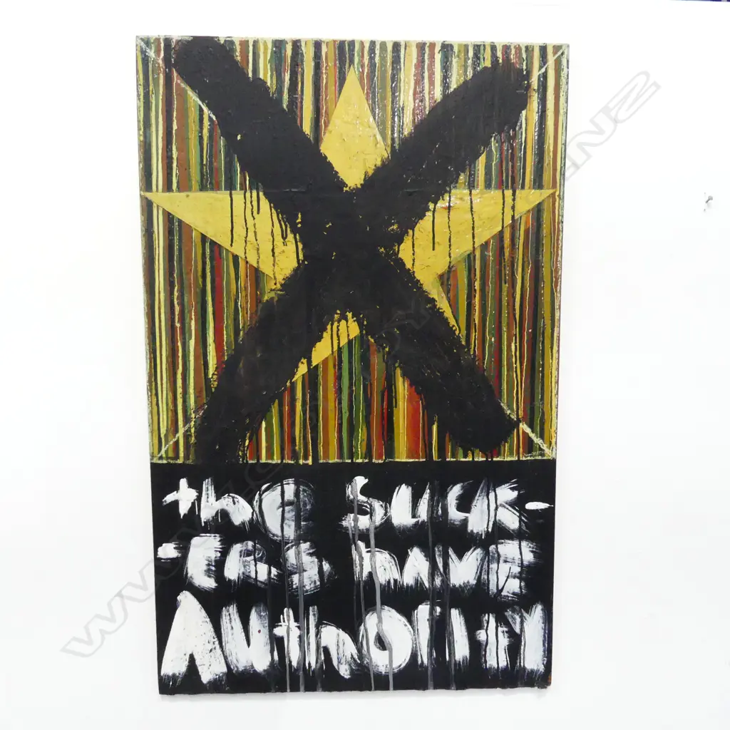 ARTIST UNKNOWN ACYRLIC ON BOARD TITLED THE SUCKERS HAVE AUTHORITY 1000 X 640 MM Image 1++