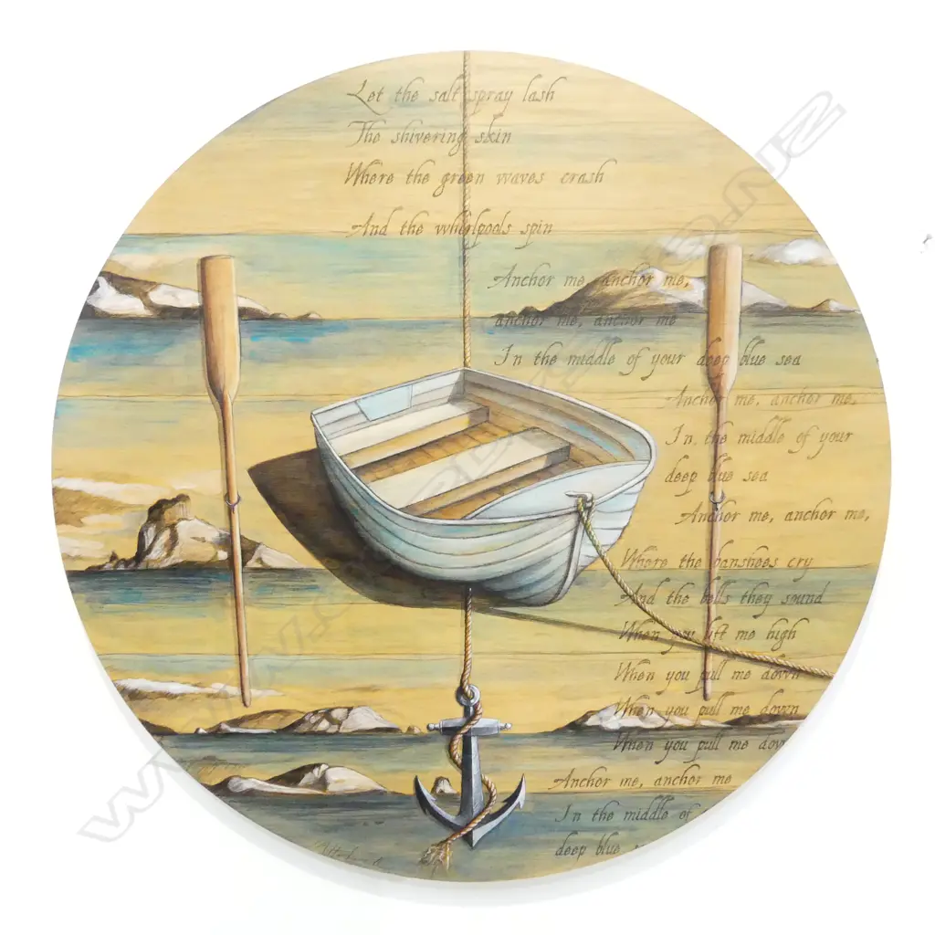 JUSTINE M. HAWKSWORTH 'ANCHOR ME' ACRYLIC ON BOARD 1000mm dia  Image 1++