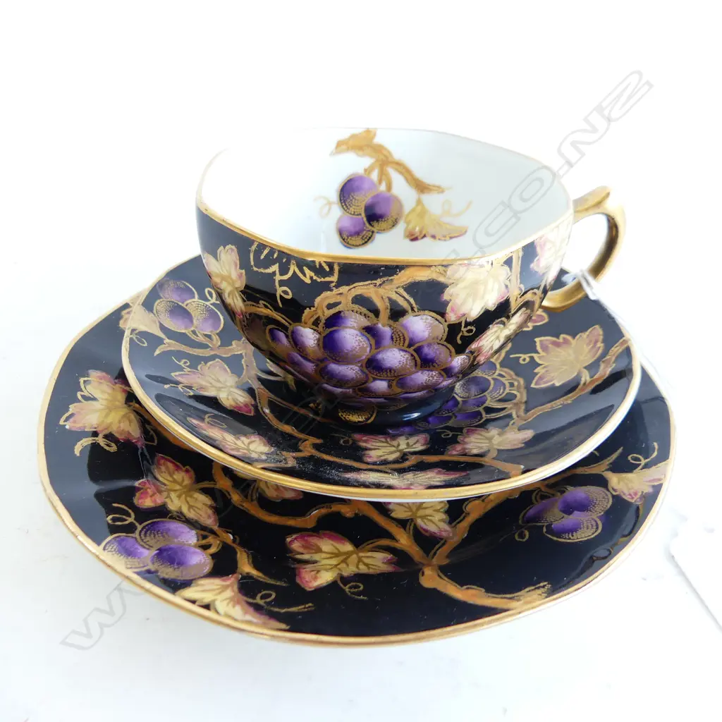 MALING BLACK & GOLD GILDED GRAPE PATTERN CUP, SAUCER & SIDE PLATE TRIO  Image 1++