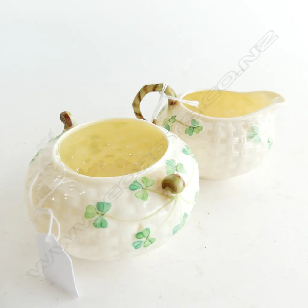 TWO GREEN MARK BELLEEK ITEMS, MILK & SUGAR. DIA. 90 & 85mm Image 1++