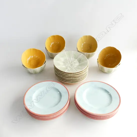 12 WEDGEWOOD SIDE PLATES. 8 YELLOW & GREEN BOWLS & SIDE PLATES MADE IN PORTUGAL 