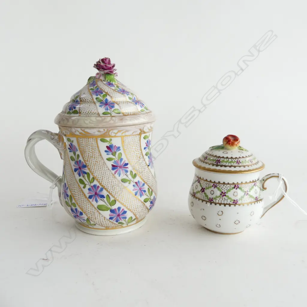 SEVRES SM LIDDED CHOC. CAN C.1773 H80mm & MEISSEN LIDDED CHOC.CAN c.1790 MARCOLINI PERIOD SWORD MARK hairline H. 150mm Image 1++