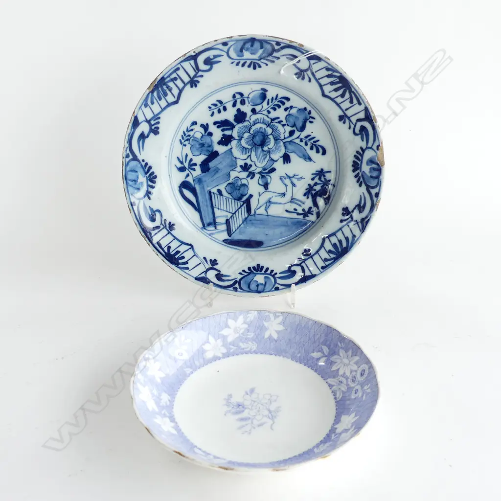 2 ANTIQUE PORCELAIN; ROCKINGHAM DISH (D.175mm) C.1830 & DELFT, BRISTOL (?) (D.227mm) some chipping C. 1730  Image 1++