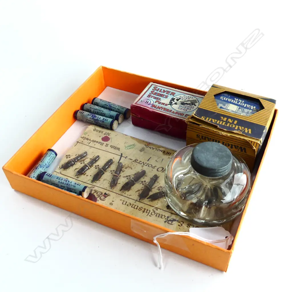 BOX OF PEN ACCESSORIES – INKWELL, WATERMAN’S INK, FOUNTAIN PEN NIBS, DRAUGHTMANS NIBS, McCARTHY’S INK TABLETS Image 1++