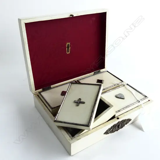 ANTIQUE PLAYING CARDS BOX WITH FOUR INTERNAL LIFT OUT BOXES – SPADES, DIAMONDS, HEARTS, & CLUBS L. 200mm
