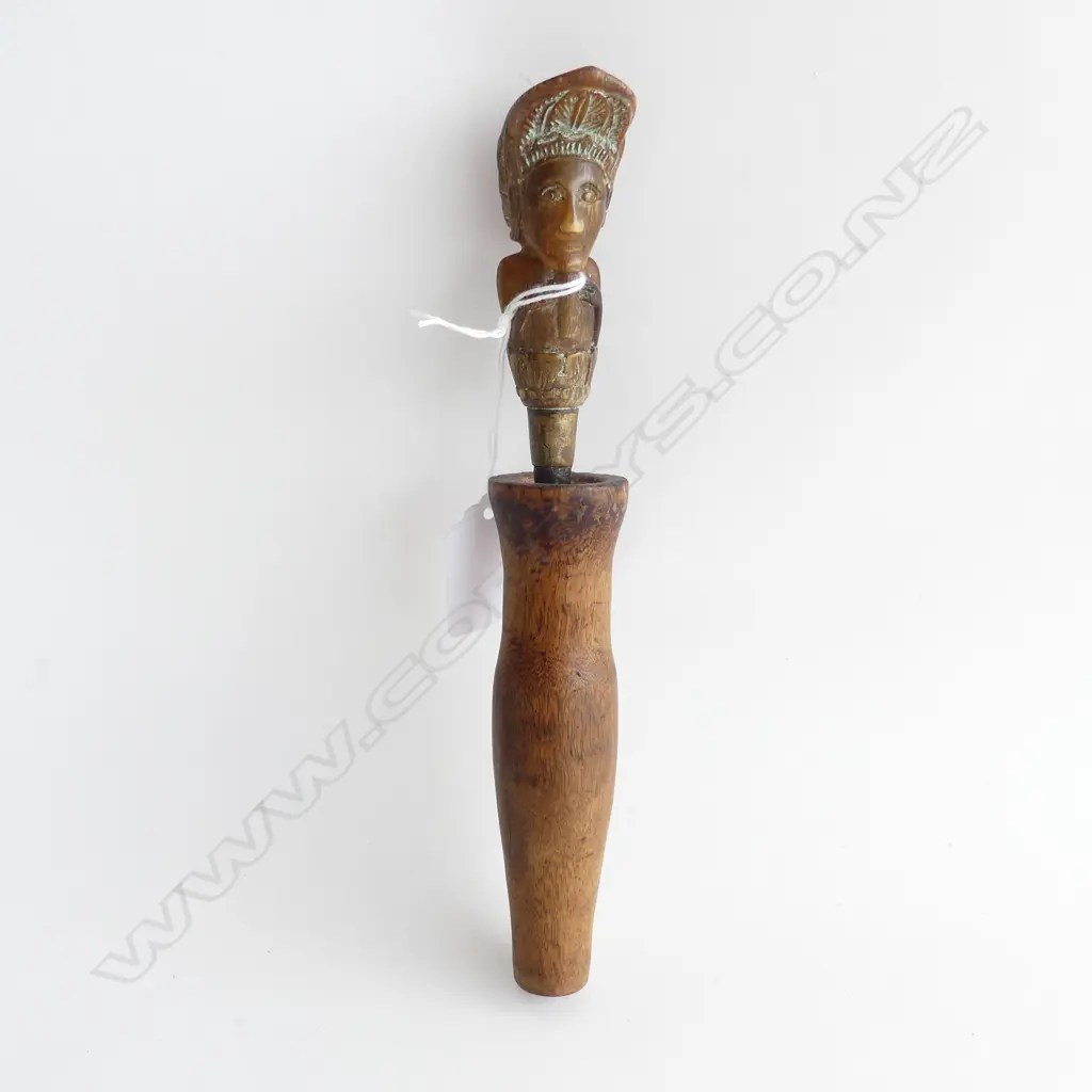 BETEL NUT LIME CONTAINER W CRUSHER. Carved horn figural handle L.210mm. Image 1++
